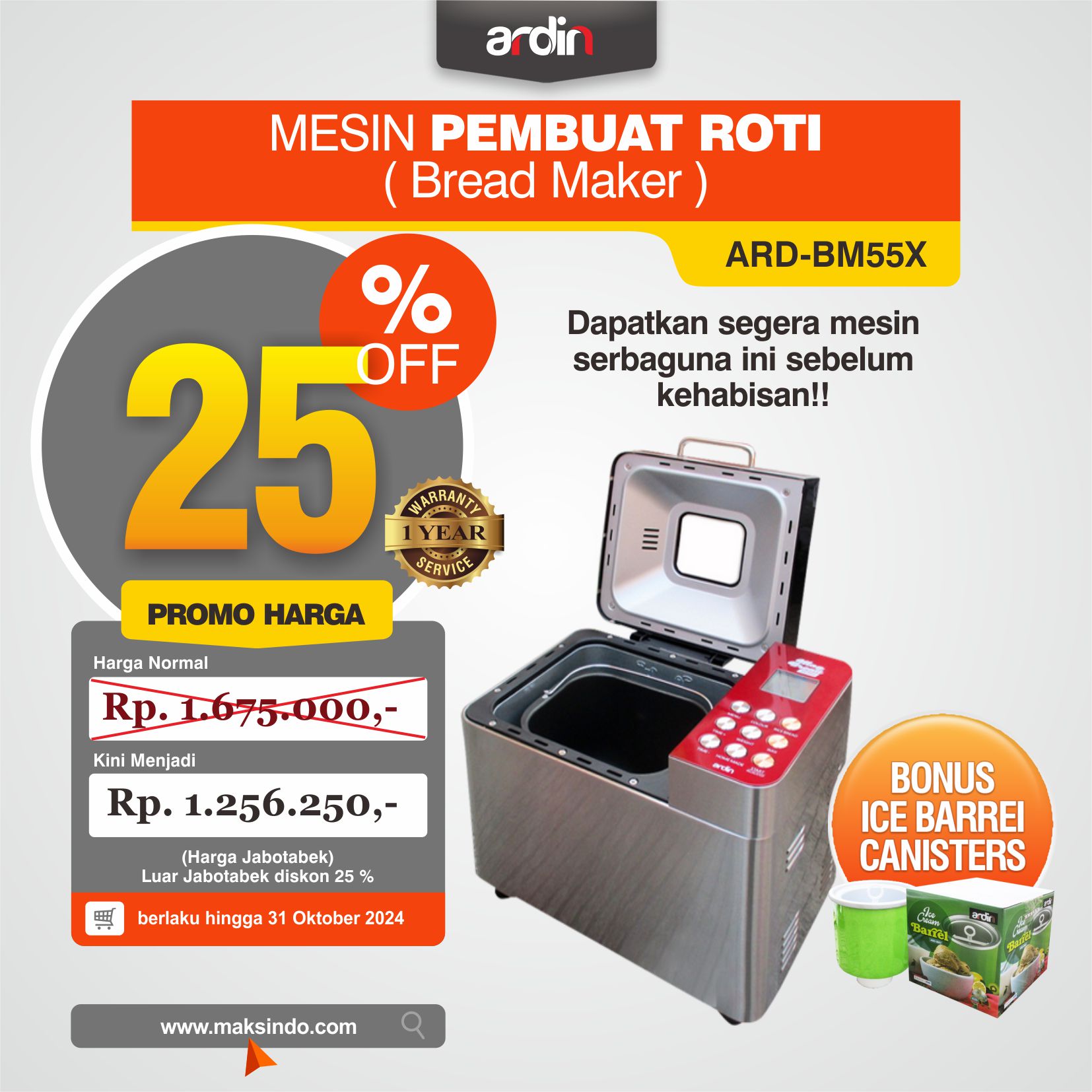 Mixer dan Pembuat Roti Bread Maker ARD-BM55X Toko Mesin Maksindo