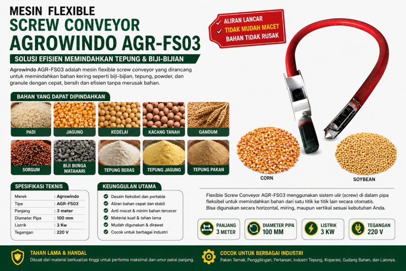 Mesin Flexible Screw Conveyor 3 Meter Untuk Memindah Tepung dan Biji-Bijian Agrowindo AGR-FS03 - Gambar 4